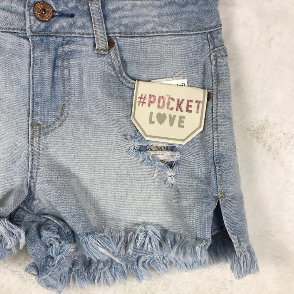 VANILLA STAR Distressed Light Blue Embroidered Pocket Hi-Low Jean Shorts 11 - Picture 6 of 8
